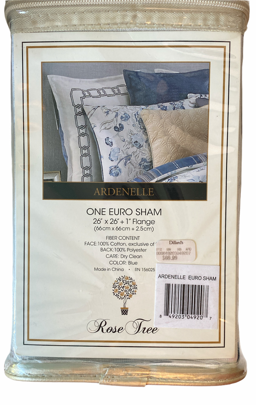 NIP Rose Tree Ardenelle 26 x 26 Euro Sham White with Blue Embroidery